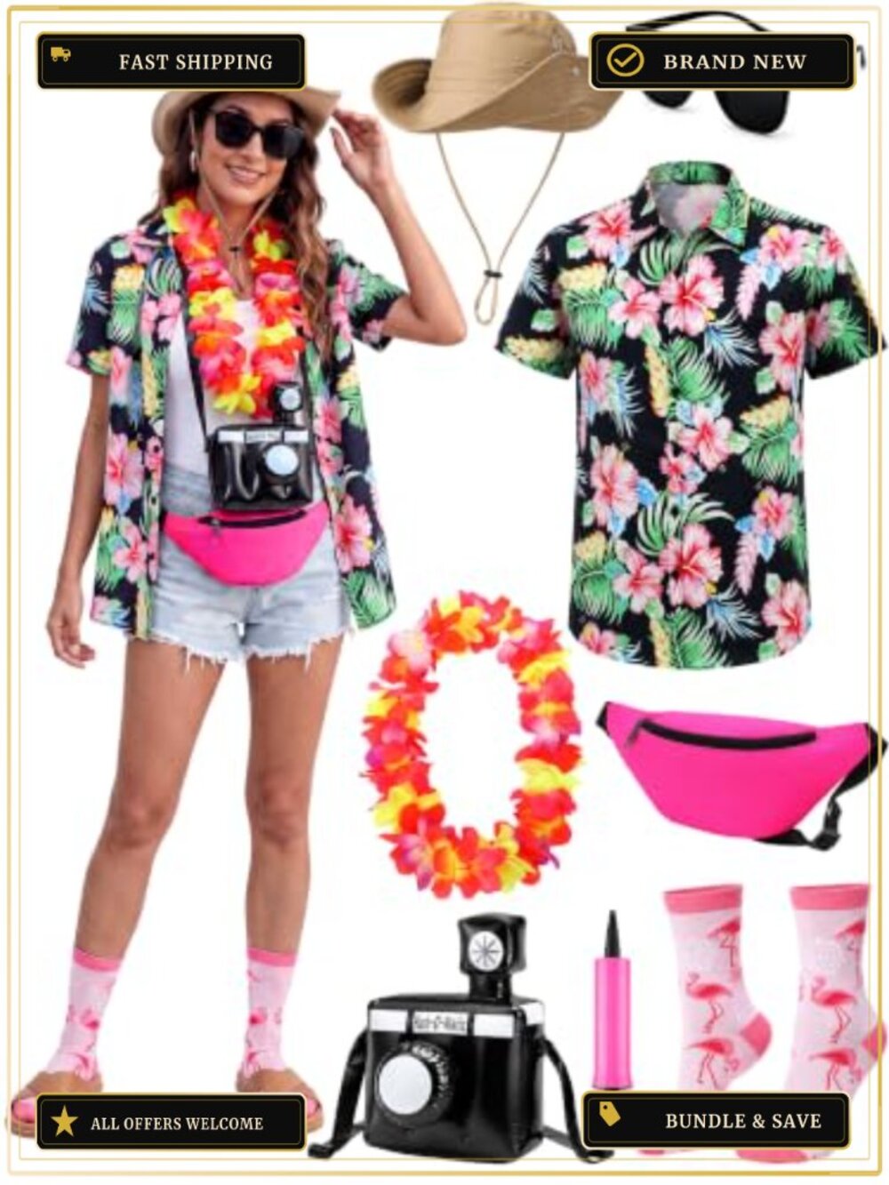 Tacky Tourist Costume Set Size M Hawaiian Shirt Sun Hat Belt Socks Party Cosplay
